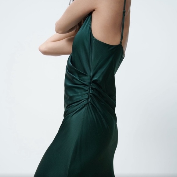 Zara Blogger Favorite Draped Satin Midi Slip Dress dark Green Size XS - Picture 2 of 9